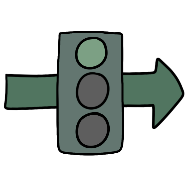 a green arrow pointing right with a traffic light turned green over the center